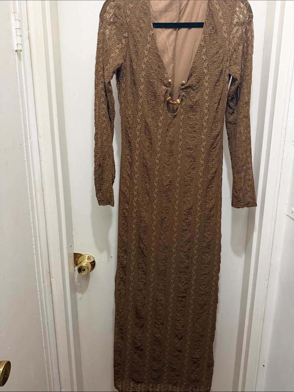 12th Tribe Brown Lace Maxi Dress with V-Neck